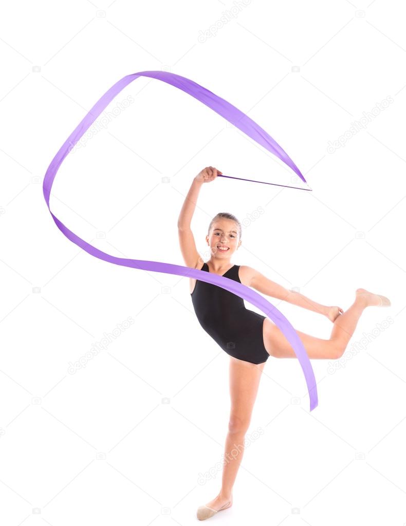 Kid girl ribbon rhythmic gymnastics exercise