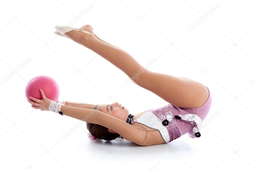 Kid girl ball rhythmic gymnastics exercise on white ⬇ Stock Photo