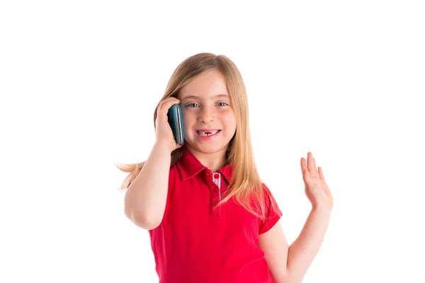 Chica rubia sangrada sonriendo teléfono inteligente hablando —  Fotos de Stock
