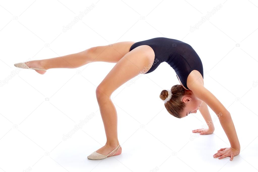 Kid girl rhythmic gymnastics exercises on white