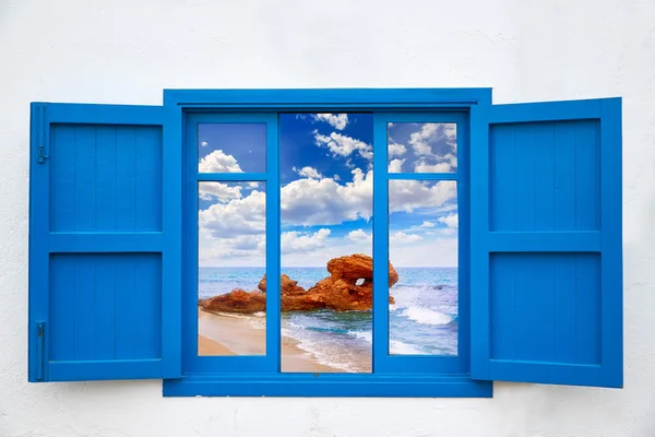 Almeria view from blue window of Mojacar beach — Stock Photo, Image