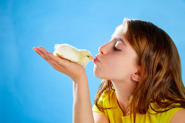 Enfant fille avec des poussins jouant sur bleu — Photo