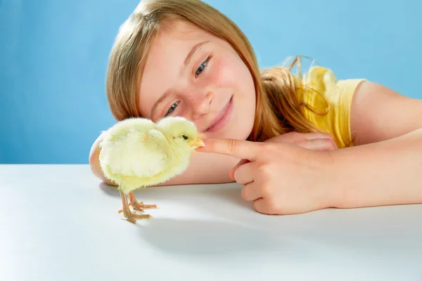 Enfant fille avec des poussins jouant sur bleu — Photo