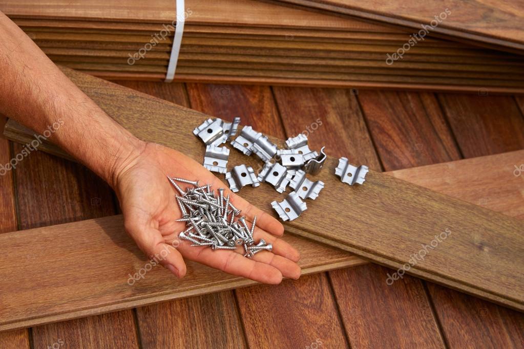 Ipe deck wood installation screws clips fasteners — Stock Photo