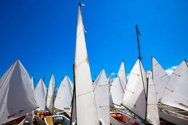 Segelbootschule mit Segeltexturen in blauem Himmel — Stockfoto