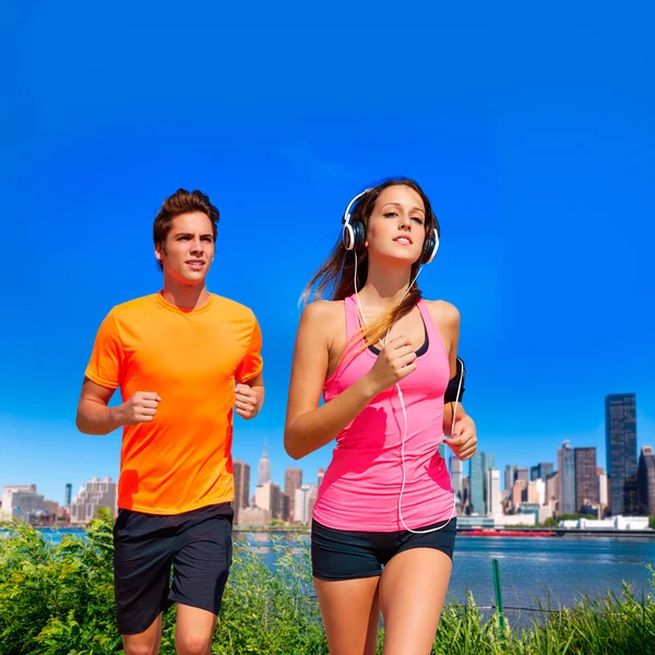 Couple running in New York photo mount — Stock Photo, Image