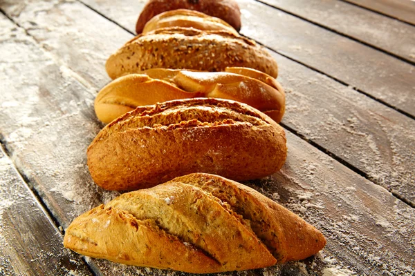 Breads varied in a row on rustic wood and flour — Stock Photo, Image