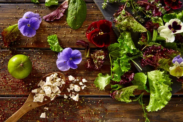 Friss gabimama63 összetevők saláta virágok spenót — Stock Fotó