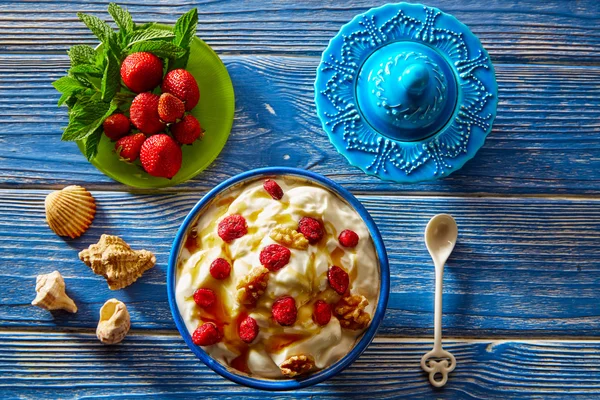 Jogurt s červenými plody oříšky a medem — Stock fotografie