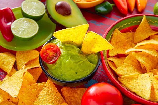 Mexikói ételek nachos és guacamole chili szósz — Stock Fotó