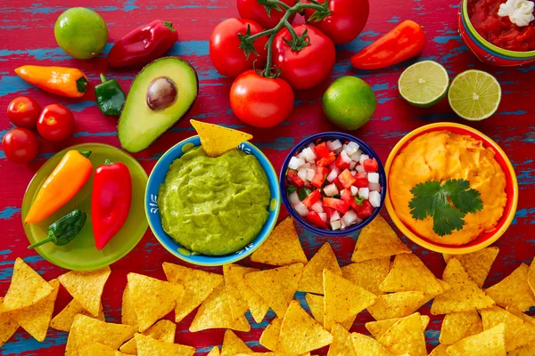 Meksykańskie jedzenie nachos guacamole pico gallo ser — Zdjęcie stockowe