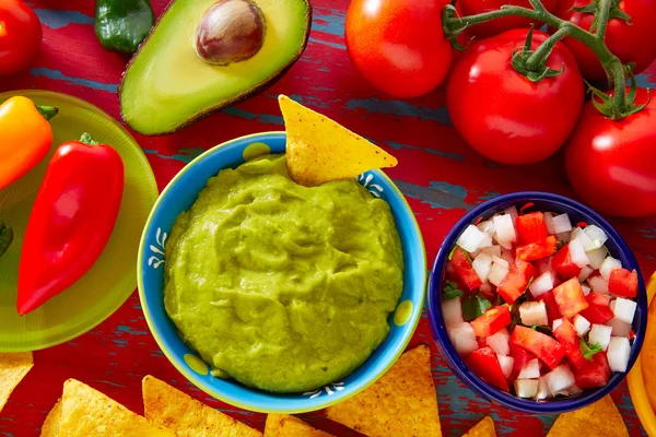 Mexikansk mat nachos guacamole pico gallo ost — Stockfoto