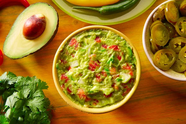 Mexikanisches Essen gemischte Guacamole Nachos Chilisoße — Stockfoto