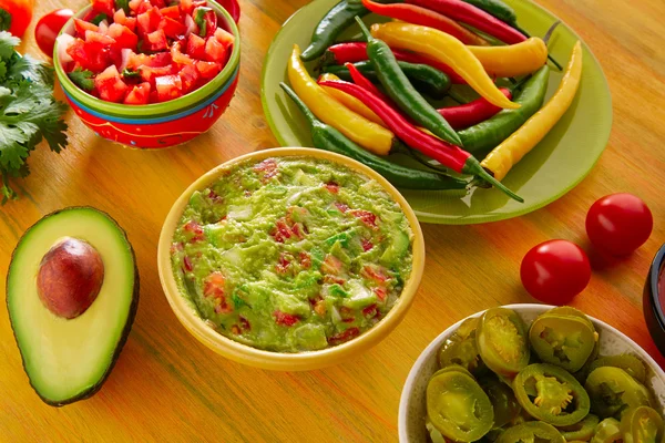 Mexikansk mat mixad guacamole nachos chilisås — Stockfoto