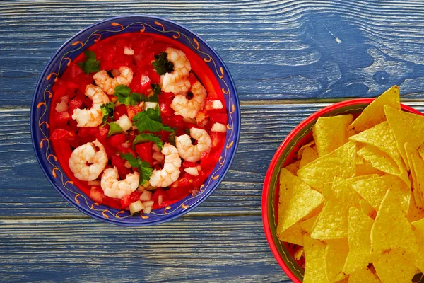 Ceviche de Camaron shrimp and mexican nachos — Stock Photo, Image