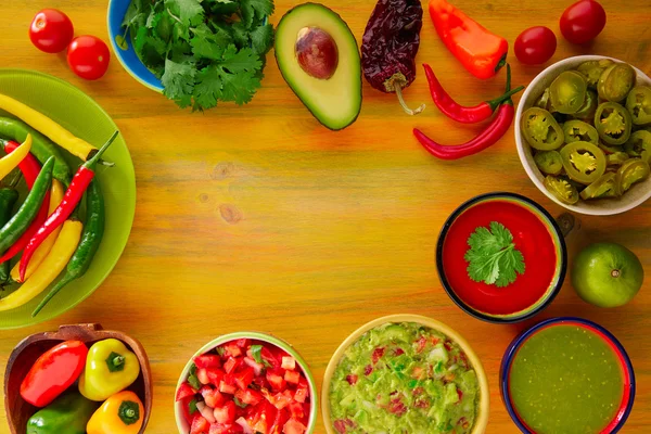 Mexican food mixed guacamole nachos chili sauce — Stock Photo, Image