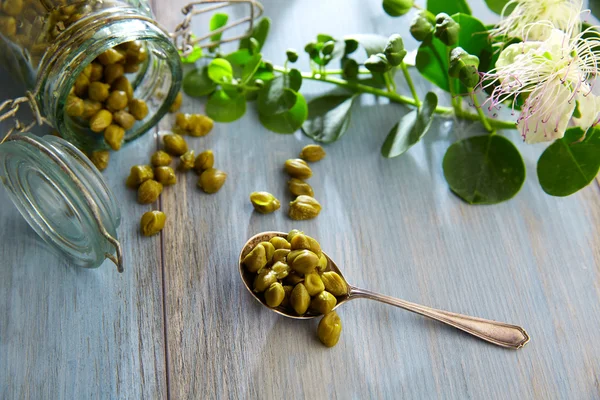 Alcaparras en escabeche con flor de planta y alcaparra —  Fotos de Stock