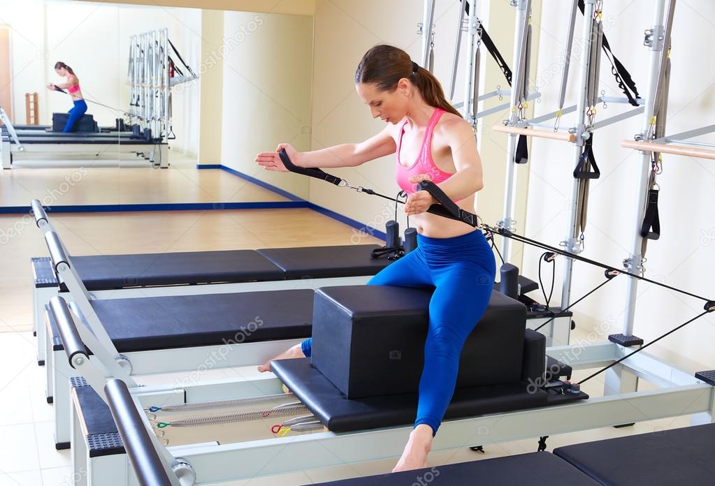 Pilates Reformer Woman Short Box Tree Exercise Stock Photo - Image