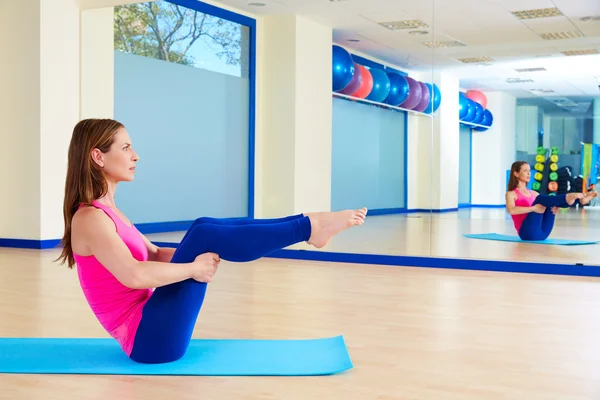 Pilates woman open leg rocker exercise workout — Stock Photo, Image