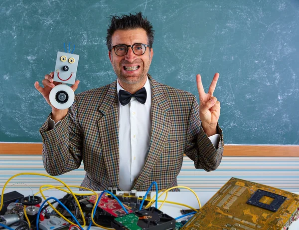 Nerd electronics technician silly winner gesture — Stock Photo, Image