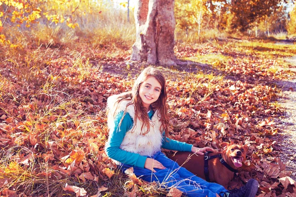 Outono menina criança com cão de estimação relaxado na floresta de outono — Fotografia de Stock