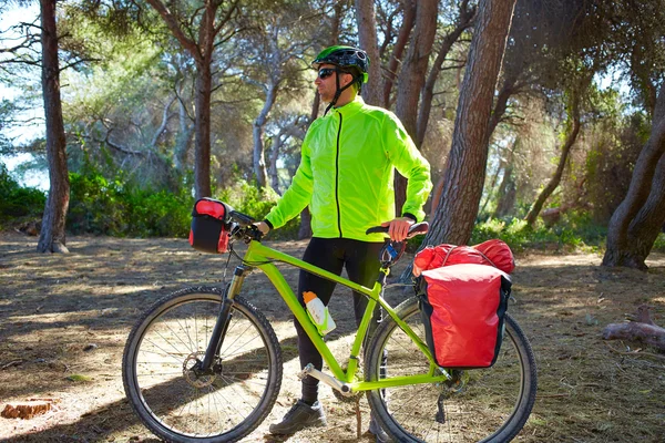 MTB Biker Bicicleta de gira en un bosque de pinos —  Fotos de Stock