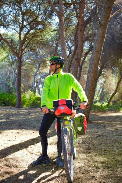 MTB Biker Bicicleta de gira en un bosque de pinos —  Fotos de Stock