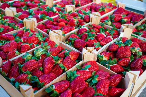 Strawberries boxes texture in market — стоковое фото