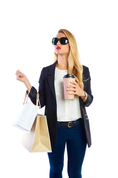 Blond shopaholic woman bags and smartphone — Stock Photo, Image