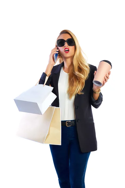 Blond shopaholic woman bags and smartphone — Stock Photo, Image