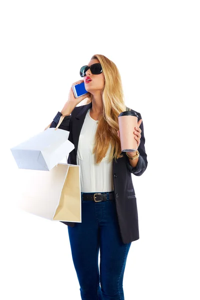 Blond shopaholic woman bags and smartphone — Stock Photo, Image