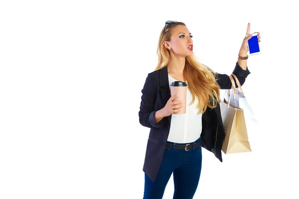 Blond shopaholic woman bags and smartphone — Stock Photo, Image