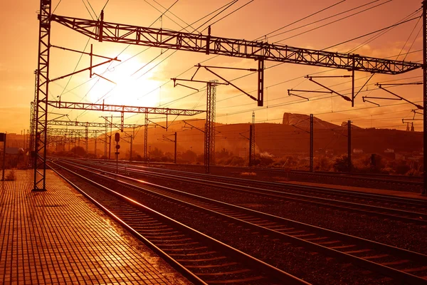 Σαντιάγκο ντε Κομποστέλα Ανατολή του ηλίου στο τρένο σιδηροδρόμων — Φωτογραφία Αρχείου