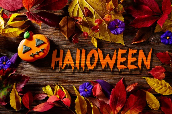Halloween skrivit ordet pumpa hösten bakgrund — Stockfoto