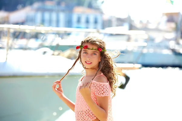 Brunette kid teen girl in Mediterranean port Spain — Stock Photo, Image