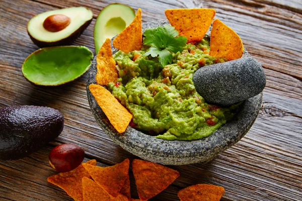 Guacamole com nachos em molcajete mexicano — Fotografia de Stock