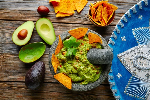 Guacamole met nachos in Mexicaanse molcajete — Stockfoto