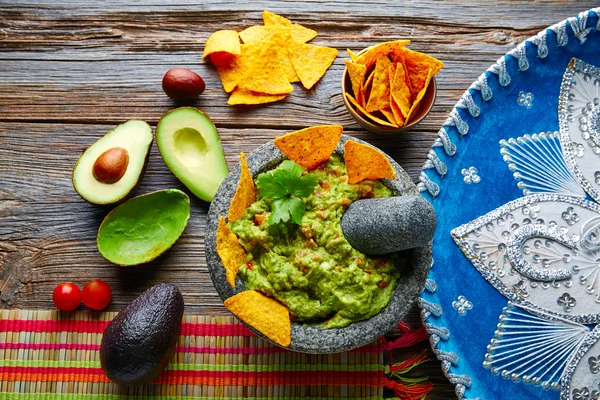 Guacamole com nachos em molcajete mexicano — Fotografia de Stock