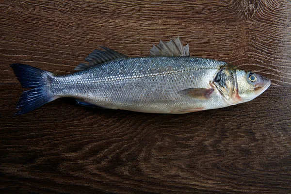 Seabass fresh fish on a dark wood — Stock Photo, Image