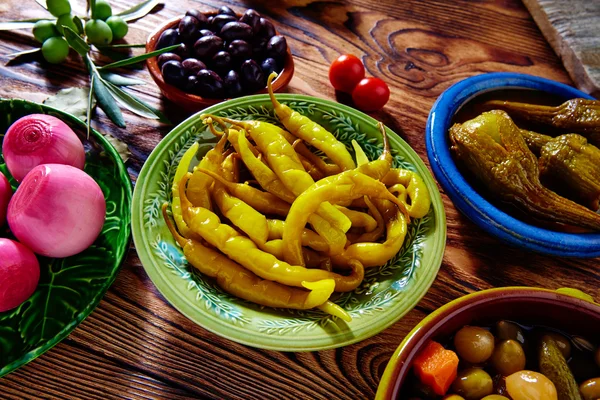 Tapas pickles mix olives chili onion eggplant — Stock Photo, Image