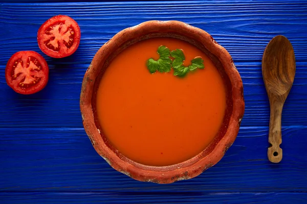 Sauce tomate sur plat d'argile et bois foncé — Photo