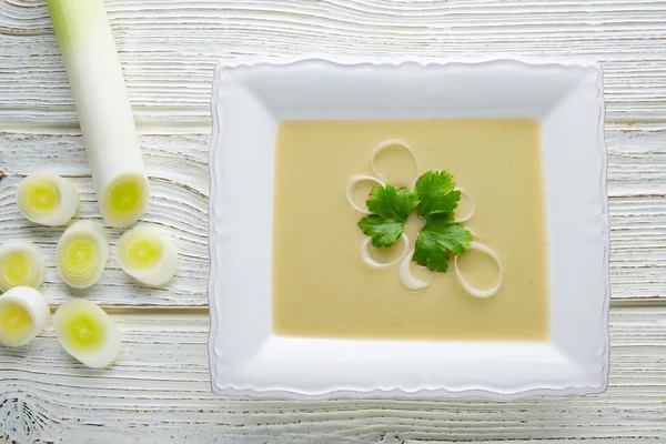 Beyaz ahşap üzerine pırasa çorbası Krem soslar — Stok fotoğraf