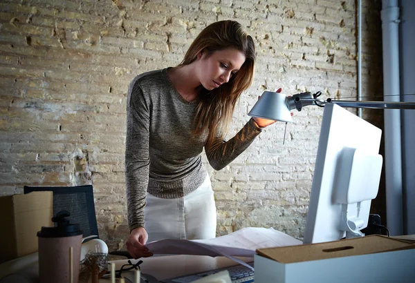 Architect engineer woman working plan at office — Stock Photo, Image