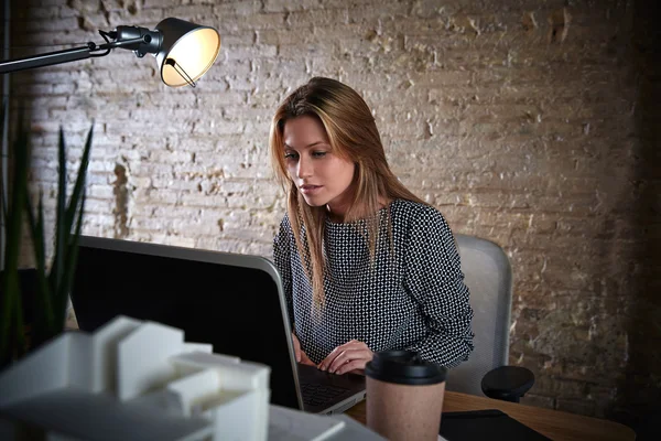Mulher de negócios que trabalha com computador no escritório — Fotografia de Stock