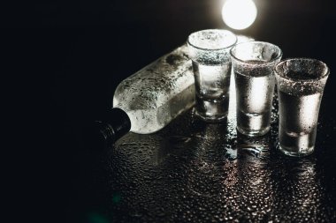 Votka. Shot, buzlu votka bardakları. Esmer arka plan. Boşluğu Kopyala Seçici odak