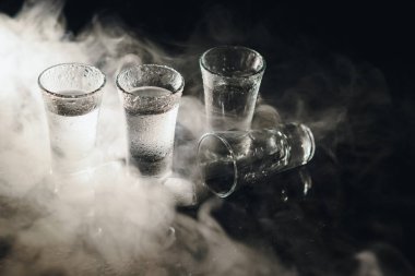 Votka. Shot, buzlu votka bardakları. Esmer arka plan. Boşluğu Kopyala Seçici odak