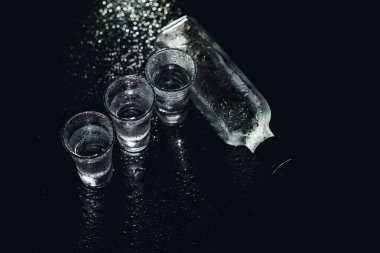 Siyah şişenin ve votka bardaklarının yakından görüntüsü.