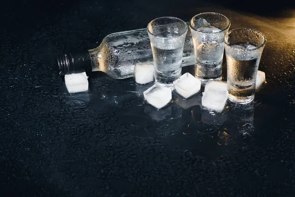 Vodka Shots Glasses Vodka Ice Dark Background Copy Space Selective — Stock Photo, Image