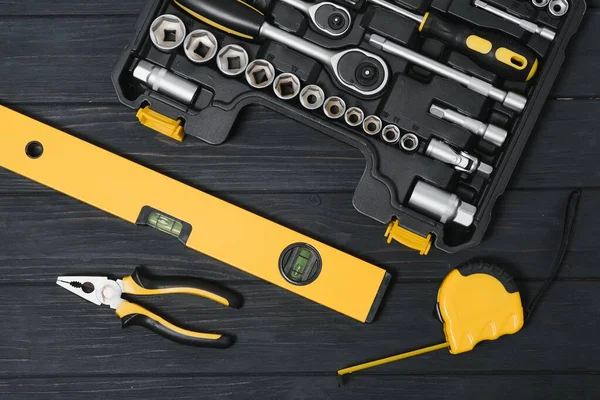 Set of tools for car repair in box, closeup
