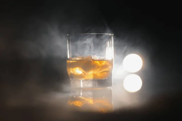 Whiskey Ice Black Background Smoke — Stock Photo, Image